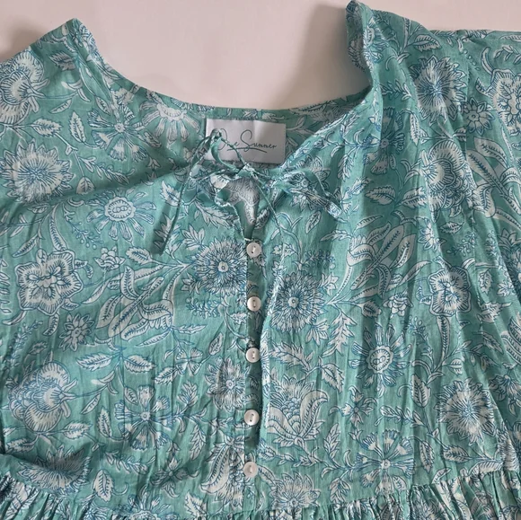 One Summer cotton block print floral balloon sleeve flowy boho mini dress sz L - Picture 2 of 10